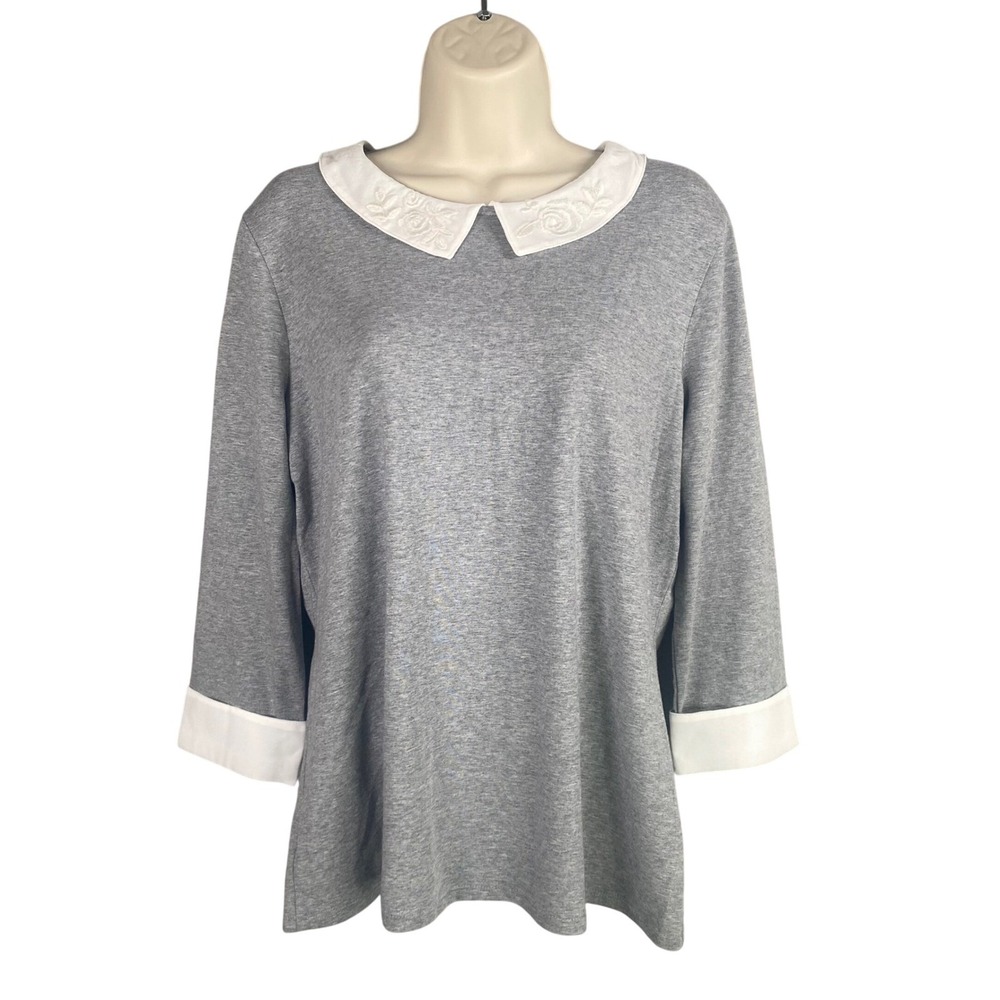 Garnet Hill Gray Embroidered Peter Pan Collar 3/4 Sleeve Knit Top Larg Preppy - Picture 2 of 8
